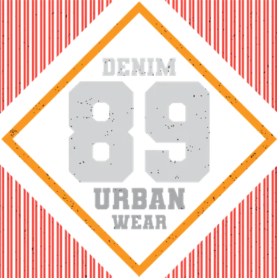Thiết kế số 89 với chữ DENIM và URBAN WEAR, viền cam trên nền xám và sọc đỏ