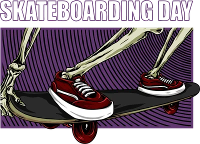 Hình minh họa bộ xương đi giày đỏ đang trượt ván với dòng chữ Skateboarding Day