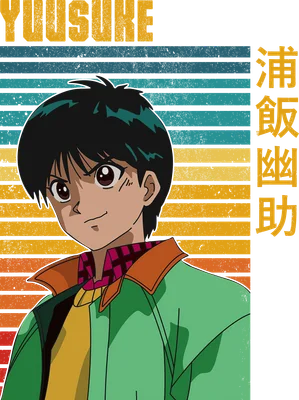 Hình ảnh nhân vật anime Yusuke Urameshi với mái tóc đen, mặc áo khoác xanh lá cây, nền sọc màu retro.