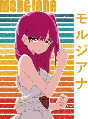 Hình ảnh nhân vật anime nữ Morgiana tóc hồng, trang phục trắng, biểu cảm mạnh mẽ, đứng trước nền sọc ngang màu cam, vàng, xanh dương.