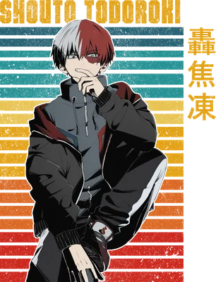 Hình ảnh Shoto Todoroki, nhân vật anime với mái tóc hai màu, mặc áo khoác phong cách retro, đứng trên nền sọc ngang màu cam, vàng và xanh.