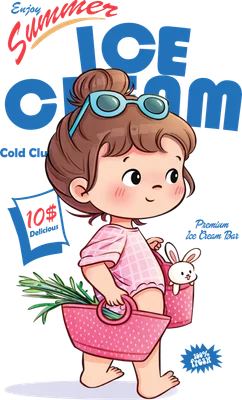 Hình vẽ cô bé dễ thương đội kính râm, cầm túi xách hồng đựng kem và thỏ bông, có chữ 'Enjoy Summer Ice Cream'
