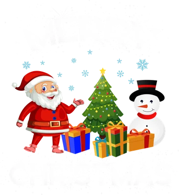 Hình minh họa Giáng Sinh với ông già Noel, người tuyết, cây thông trang trí, quà tặng và dòng chữ 'MERRY CHRISTMAS' trên nền xám.