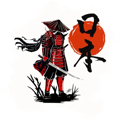 Hình ảnh minh họa một chiến binh Samurai Nhật Bản mặc giáp đỏ, đội nón lá, cầm kiếm và đeo mặt nạ Oni, với biểu tượng mặt trời đỏ và chữ Hán phía sau.