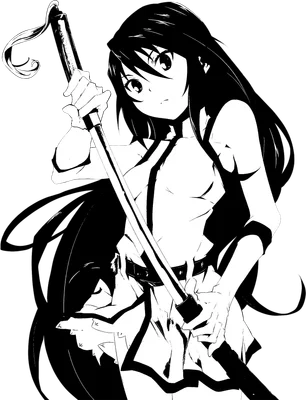 Hình ảnh cô gái anime với mái tóc dài, cầm kiếm, phong cách nghệ thuật đen trắng.