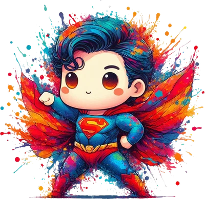 Hình ảnh Superman chibi dễ thương với bộ đồ xanh đỏ và áo choàng, xung quanh là các vệt màu nước rực rỡ.