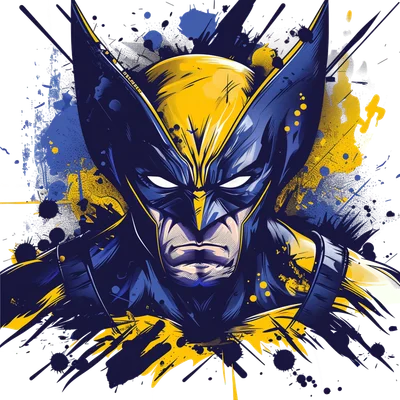 Hình ảnh Wolverine, nhân vật siêu anh hùng Marvel, với trang phục xanh vàng đặc trưng và hiệu ứng splash art năng động.