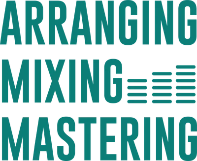 Thiết kế chữ "Arranging Mixing Mastering" màu xanh ngọc trên nền xám, có biểu tượng equalizer.