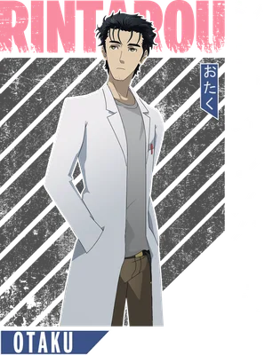 Hình vẽ nhân vật Okabe Rintarou trong Steins;Gate mặc áo blouse trắng, tóc đen, đứng trên nền xám có họa tiết sọc chéo.