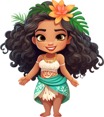 Hình ảnh nhân vật hoạt hình Moana phiên bản chibi dễ thương, tóc xoăn đen, đội hoa cam và lá xanh, mặc trang phục truyền thống.