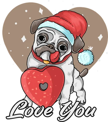 Hình minh họa chú chó Pug dễ thương đội mũ ông già Noel ôm trái tim đỏ với dòng chữ Love You