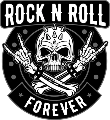 Hình ảnh hộp sọ với hai bàn tay xương giơ dấu hiệu rock, kèm chữ 'ROCK N ROLL FOREVER'