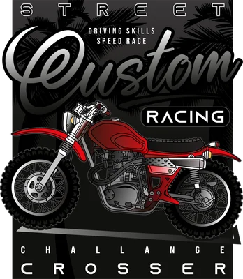 Hình ảnh minh họa xe địa hình màu đỏ, phong cách racing, với các dòng chữ 'Custom Racing' và 'Street', 'Crosser'