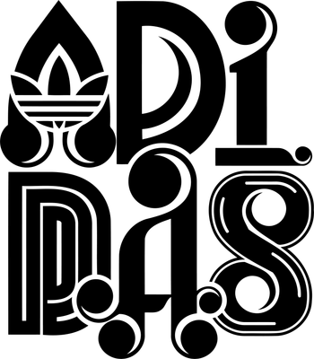 Logo Adidas với thiết kế chữ nghệ thuật, có biểu tượng ba lá.