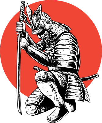 Hình minh họa chiến binh Samurai mặc giáp đang quỳ cầm kiếm katana trên nền mặt trời đỏ