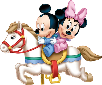 Hình ảnh Mickey và Minnie Mouse hoạt hình đáng yêu cùng nhau cưỡi ngựa gỗ màu trắng, nền xám.