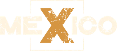 Chữ MEXICO với font chữ vintage, hiệu ứng rạn nứt, màu vàng cam và trắng trên nền xám.