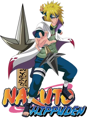 Minato Namikaze, Hokage Đệ Tứ của Naruto, trong tư thế chiến đấu với kunai và phi tiêu shuriken.