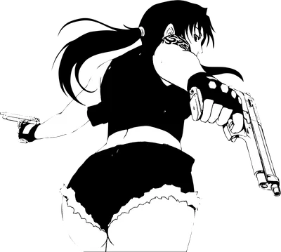Hình ảnh cô gái anime tóc đen buộc đuôi ngựa, mặc áo croptop và quần short, cầm hai khẩu súng lục, tạo dáng hành động.