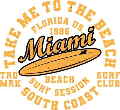 Hình ảnh thiết kế đồ họa phong cách vintage với chữ Miami, ván lướt sóng và các dòng chữ liên quan đến bãi biển, lướt sóng.