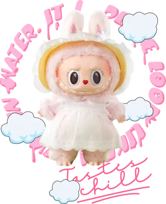 Hình in búp bê Crybaby tai thỏ màu hồng mặc váy trắng, với chữ và mây hoạt hình xung quanh.