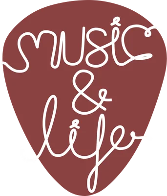 Hình ảnh chữ "Music & Life" viết tay màu trắng trên nền hình pick đàn guitar màu đỏ nâu.