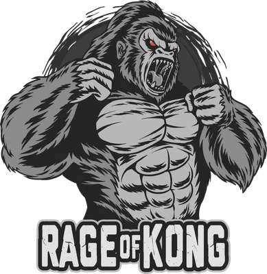 Hình vẽ minh họa gorilla King Kong giận dữ, cơ bắp cuồn cuộn, mắt đỏ rực, miệng há to gầm gừ, nền xám.