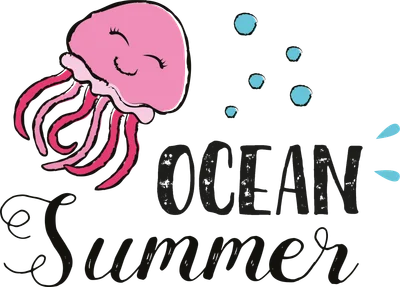Hình ảnh sứa hồng hoạt hình dễ thương với dòng chữ "Ocean Summer" và bong bóng nước màu xanh.