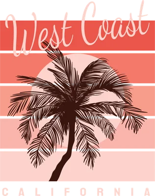 Thiết kế đồ họa cây cọ phong cách retro với chữ West Coast California trên nền hoàng hôn