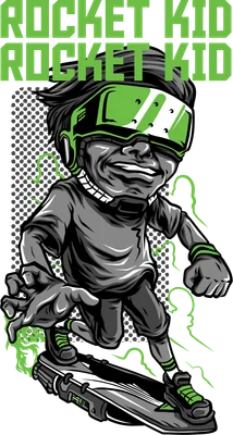 Hình vẽ cậu bé đội kính VR, mặc áo xám, quần short, trượt ván công nghệ, có chữ ROCKET KID.