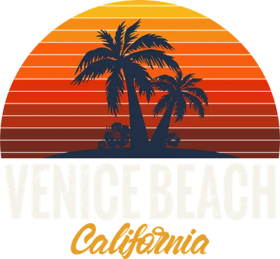 Hình ảnh hoàng hôn trên biển Venice Beach, California với hai cây dừa và hoa dâm bụt, chữ Venice Beach và California.