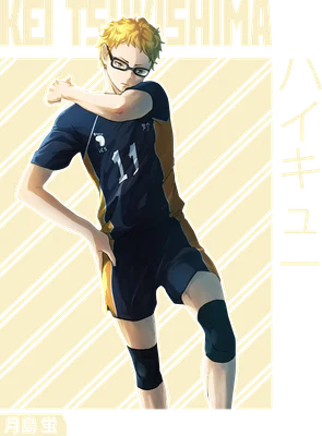 Hình ảnh nhân vật anime Kei Tsukishima trong trang phục bóng chuyền màu xanh đen, đeo kính, tóc vàng, số 11 trên áo.