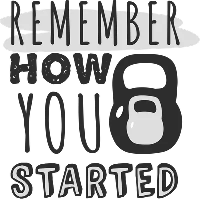 Hình ảnh chữ 'REMEMBER HOW YOU STARTED' với biểu tượng tạ ấm, truyền cảm hứng tập luyện.