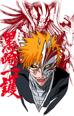 Hình ảnh Ichigo Kurosaki trong trạng thái Hollow Hóa, nửa mặt nạ trắng, nửa mặt người, với mái tóc cam đặc trưng và biểu cảm quyết tâm.