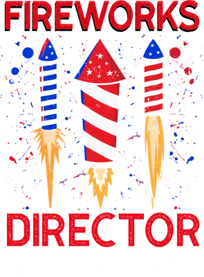 Hình minh họa ba quả pháo hoa màu đỏ, trắng, xanh dương với dòng chữ 'FIREWORKS DIRECTOR I RUN, YOU RUN' trên nền xám.