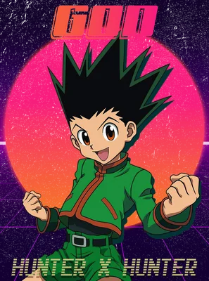 Nhân vật hoạt hình Gon Freecss từ Hunter x Hunter với mái tóc nhọn, mặc áo xanh lá, đứng tạo dáng vui vẻ trên nền retro.