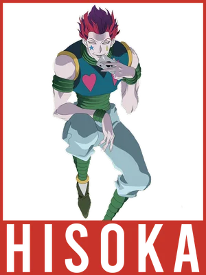 Hình ảnh nhân vật Hisoka Morow từ anime Hunter x Hunter, mặc trang phục xanh ngọc, quần xanh nhạt, tóc đỏ tím, có hình trái tim và ngôi sao trên mặt.