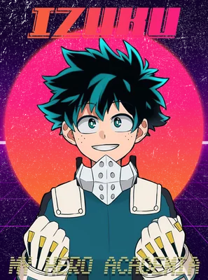 Hình ảnh hoạt hình Izuku Midoriya (Deku) từ My Hero Academia, cười tươi, đeo mặt nạ, với nền retro màu cam và tím.