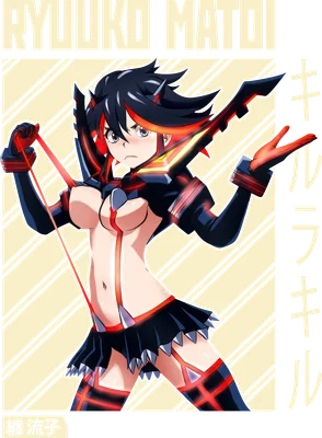 Hình ảnh nhân vật anime Ryuko Matoi trong trang phục chiến đấu, tóc đen đỏ, biểu cảm quyết tâm.