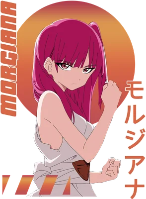 Hình ảnh nhân vật anime nữ tóc hồng Morgana, tay nắm chặt, ánh mắt sắc sảo, nền tròn cam.