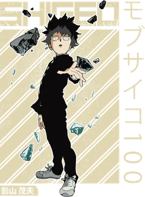 Hình ảnh nhân vật anime Mob Psycho 100 Shigeo Kageyama với mái tóc nhọn, mặc đồng phục, đang sử dụng sức mạnh bay đá xung quanh.