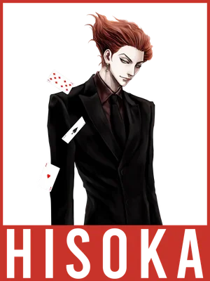 Nhân vật anime Hisoka mặc tuxedo đen, tóc đỏ vuốt ngược, tay cầm bài lá, biểu cảm bí ẩn.