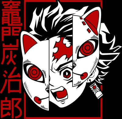Hình ảnh Tanjiro Kamado từ Demon Slayer với mặt nạ và biểu cảm đa dạng, màu đỏ và trắng nổi bật trên nền đen.
