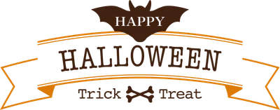 Hình ảnh minh họa Halloween với dơi, chữ 'Happy Halloween' và 'Trick or Treat' cùng biểu tượng xương.