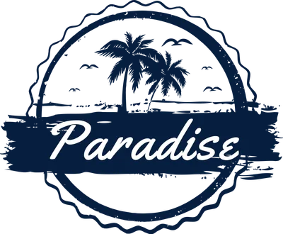 Hình ảnh logo phong cách vintage với cây cọ, bãi biển và chữ Paradise màu trắng trên nền xanh đậm.