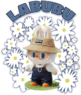 Labubu đáng yêu đội mũ xô, quần yếm denim giữa vườn hoa cúc
