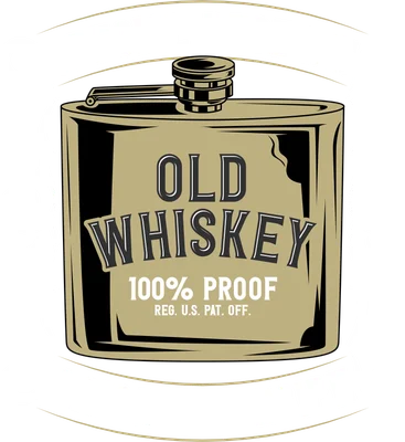 Hình minh họa bình rượu dẹt Old Whiskey với chữ "Special Reserve" và "Original Recipe" theo phong cách vintage.