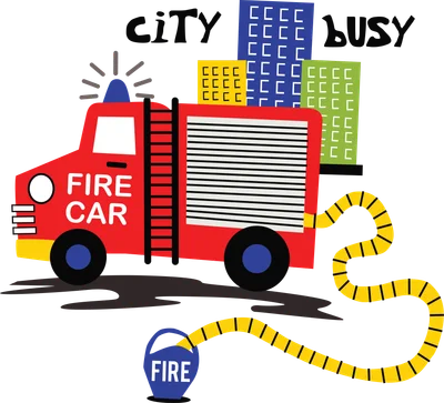 Hình minh họa xe cứu hỏa màu đỏ với dòng chữ 'FIRE CAR' đang phun nước từ ống vàng vào xô có chữ 'FIRE', phía sau là các tòa nhà cao tầng.