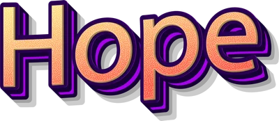 Chữ "Hope" với hiệu ứng 3D, font chữ dày, màu vàng cam và viền tím, đổ bóng xám.