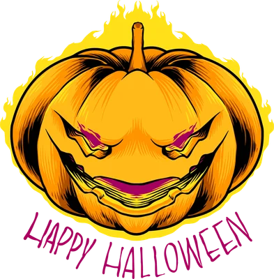 Hình minh họa quả bí ngô Halloween có lửa bao quanh và dòng chữ Happy Halloween